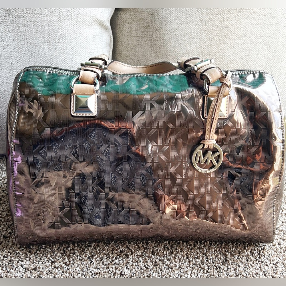 Michael Kors Metallic Monogram Silver Bag.                 14” X 14”/11” X 7”.